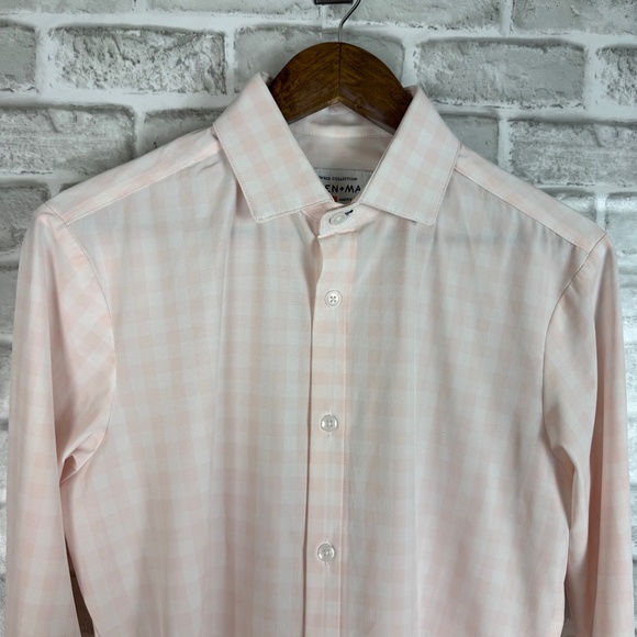 Mizzen + Main Trim Fit Light Pink Plaid Polyester Stretch Button Up Shirt SMALL - Picture 1 of 8